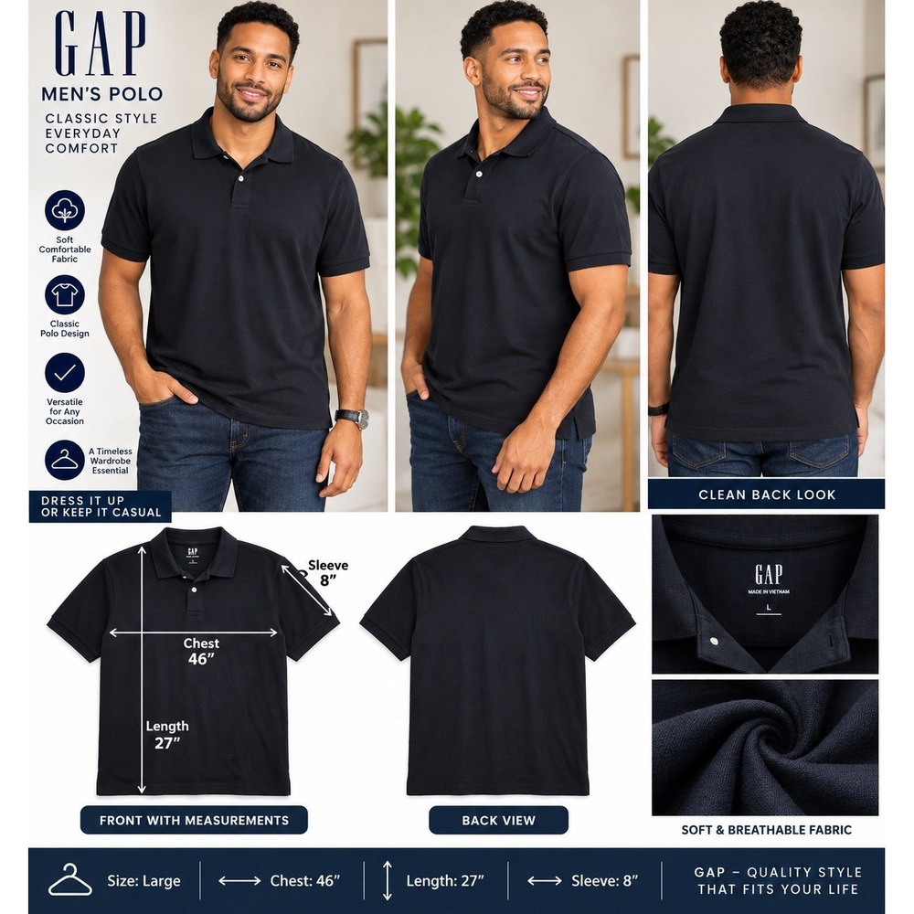 L- GAP Men's Dark Navy blue Solid Classic Fit Short sleeve Polo T Shirt - Picture 2 of 4